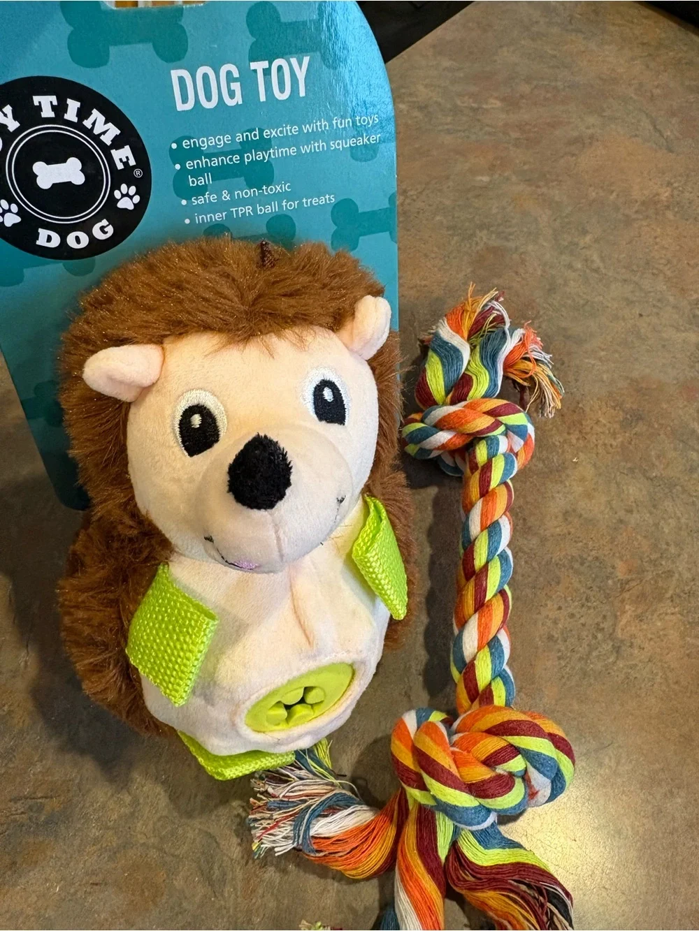 ALL NEW Toy Time Plush Hedgehog Dog Toy, Multicolor Rope and Waste Bag Rolls
